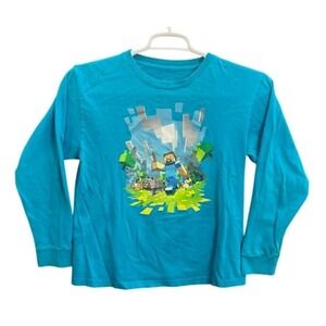 Minecraft J!Mojang Boys Blue Long Sleeve Steve Graphic Tee Shirt Size XL 14/16